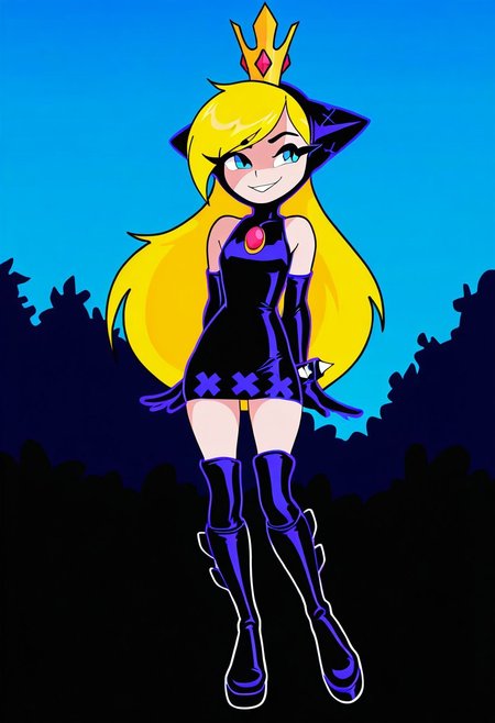 masterpiece, best quality, very aesthetic, absurdres,
outdoors,
full body, seductive smile, parted lips, long eyelashes,
 <lora:WaPeach_v01_NAIXL:1>
W4P34ch,1girl,solo,long hair,blonde hair,crown,blue eyes,bare shoulders,black dress,black elbow gloves,spiked bracelet,knee boots,W4P34ch,1girl,solo,long hair,blonde hair,crown,blue eyes,bare shoulders,dress,elbow gloves,spiked bracelet,thigh boots,