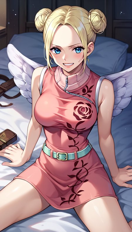 score_9, score_8_up, score_7_up, score_6_up, score_5_up, score_4_up, 1girl, conis, wings, blonde hair, double bun,  blue eyes, pink dress, turtleneck, green belt, <lora:Conis_v2:1>
