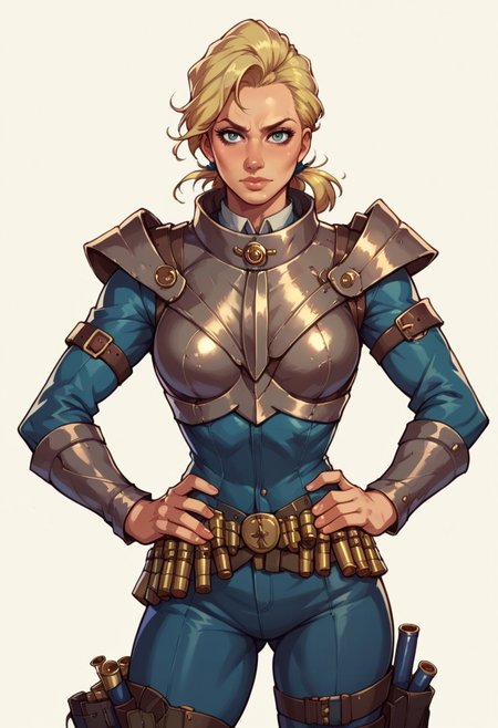 score_9, score_8_up, score_7_up, score_6_up, source_realistic, cowboy shot, BREAK 1girl, Mags,  blonde hair, pompadour, low ponytail, lips,, checkered suit, armor, bullet belt, thigh holster, standing, hands on hips,