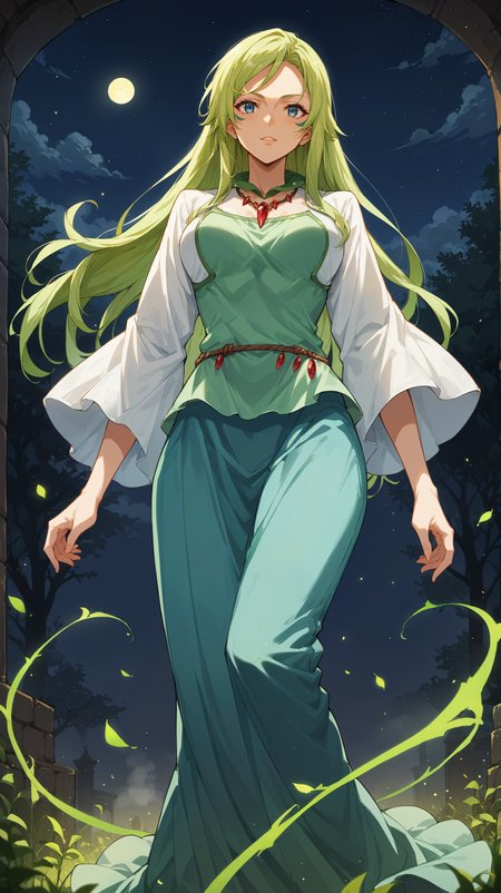 score_9,score_8_up,score_7_up,score_6_up, source_anime, zPDXL3, <lora:xl_more_art-full_v1:0.5>, woman, dynamic pose, head tilt, <lora:Treyni - Pony:0.8>, long hair, green hair, blue eyes, facial markings, multicolored dress, green dress, long sleeves, blue skirt, white sleeves, red necklace, long skirt, rope belt, hidden grotto, moonlight, night sky, nigh, low fog, darkness,