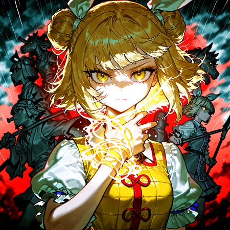 optical illusion,ssambatea, quasarcake, Fishine,piaki, touhou, joutouguu_mayumi, absurdres, highres ,1girl ,army, banner, blonde_hair, blurry, blurry_background ,closed_mouth, cloud ,dark_clouds, depth_of_field,dress, hair_ribbon ,haniwa_(statue) ,horse ,looking_at_viewer ,polearm, puffy_short_sleeves, puffy_sleeves ,rain ,ribbon ,serious ,shirt ,short_hair ,short_sleeves upper_body, weapon ,white_ribbon, white_shirt ,yellow_dress ,yellow_eyes,
<lora:illustrious_noobai_epsilon_pred_1_best_quality_v1:0.7> ,<lora:illustrious_noobai_epsilon_pred_1_masterpieces_v1:0.7>, <lora:ponyv4_noob1_2_adamW:0.7>, <lora:touhou_146:0.5>