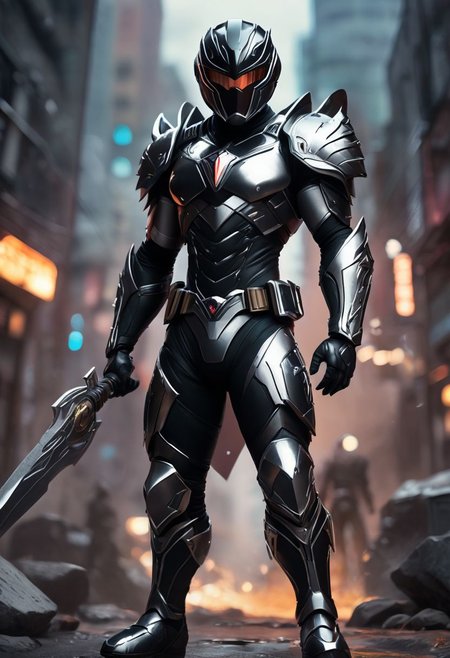 The Black Power Ranger's suit features a predominantly black helmet with silver accents, large eye lenses, and a dark visor. The armor is lightweight and durable, with a chest piece resembling the Bear Cuscus fur pattern. Shoulder pads mimic muscular shoulders, and gauntlets have retractable claws. The suit includes a sturdy belt buckle and form-fitting black greaves for leg protection. cyberpunk art style, Shounen Anime Style, chaotic cyberpunk city background, full--body, highly--detailed, bokeh--focus, soft Analogous colors, extremely wide-angle, FastNegativeV2, <lora:fightingpose:0.7> squat, fighting pose, knee on ground,