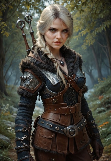 safe_pos, score_9, score_8_up, score_7_up, score_6_up, score_5_up, best quality, high detail, shadow  solo, 1girl, solo, green eyes, yellow eyes, white hair, long hair, hair over shoulder, braid, single braid, hair ornament, scar, scar on face, (scar across eye:1.4), beautiful face, cute face, eyeshadow, lips, closed mouth, slim waist, breasts, medium breasts, armor, chainmail, breastplate, shoulder armor, sheathed, sheath, leather, pauldrons, fur trim, gloves, brown gloves, pants, brown pants, pouch, belt, boots, jewelry, necklace, weapon, weapon on back, sword, sword behind back, looking at viewer, side view,  neutral pose, face closer, forest background