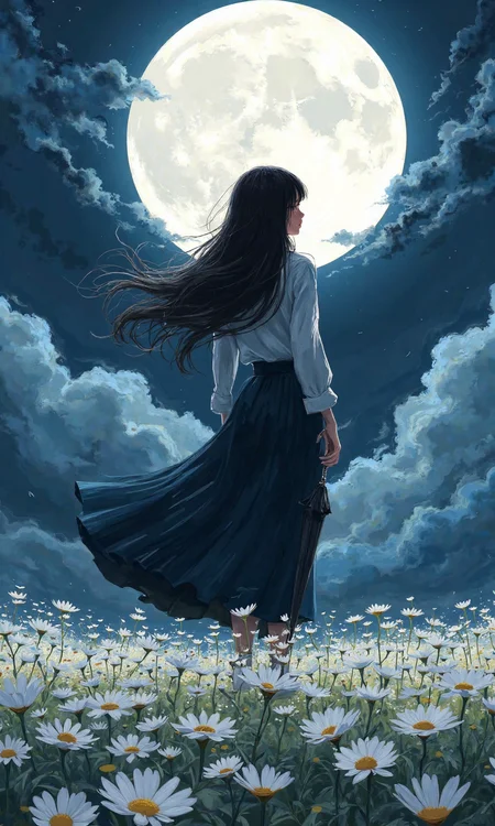 Medium shot, digital painting with visible brushstrokes and anime-inspired background art style, a woman is appearing from the back, body pose is standing facing away from the camera with a slight tilt to the left, looking towards the moon which is positioned in front of her, body is straight up and down, large circular white moon in the upper right, woman's vertical figure centered in the image, horizontal field of white flowers filling the lower part, diagonal dark blue clouds in the upper left and top, woman's long black hair creating a dominant flowing shape that starts from the top of the head and cascades down to fill the central part of the image in a wave-like form, wearing a light gray long-sleeved top and dark blue long skirt, holding a black umbrella in the right hand positioned behind her back, background is a dark blue night sky with a large white moon in the upper right, duo color of dark blue and light blue clouds, field of white flowers with duo color of yellow centers and green stems in the foreground, moonlight casting soft highlights and shadows., <lora:FLUX-daubrez-DB4RZ-v2:0.35> DB4RZ, DB4RZ style painting
<lora:aidmaMJ6.1_v0.5_3:0.35> aidmamj6.1, aidmamj6
 <lora:samdoesarts:0.4>