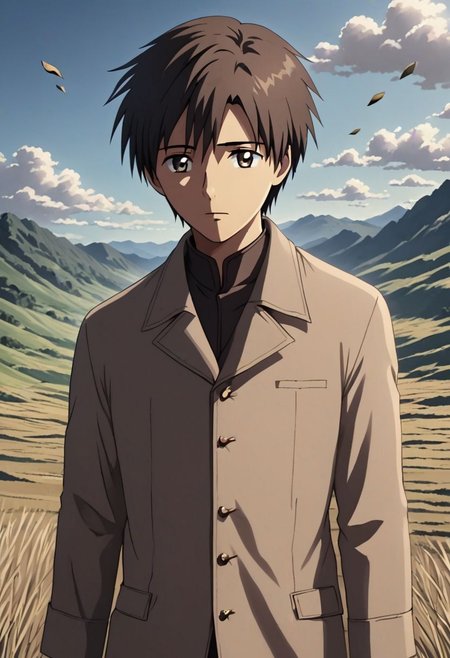 high resolution, solo, best quality, 1Boy, Takaki Toono, Brownish Hair, Brown Eyes, existential longing, fantasy background, strong wind, OverallDetail
