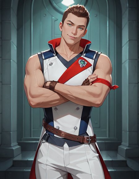 masterpiece, best quality, newest, perfect quality, best quality, detailed background, intricate details, male focus, solo, realistic, <lora:RWBY - Clover Ebi - Illustrious-000006:0.7>, cloverebi, 1boy, brown hair, very short hair, green eyes, sleeveless coat, single red armband, brown fingerless gloves, brown belt, white pants, standing, crossed arms, head tilt, smirk, looking at viewer