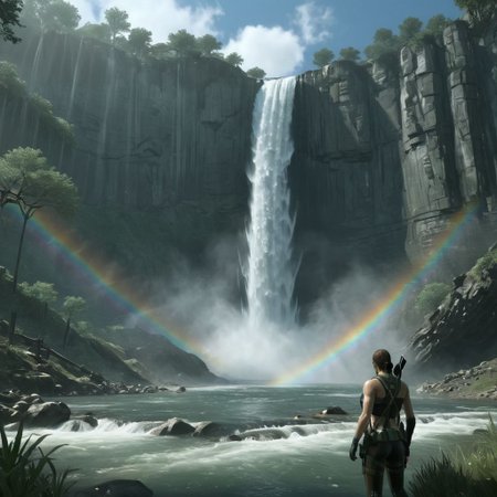 Quiet_MGS is in front of a waterfall wich little water flows, (rainbow above her), shiny picture, real, absurd detail, ultra detailed, high quality, masterpiece