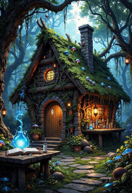 A secluded witch's hut nestled deep within a dense, enchanted forest. The hut is crafted from weathered, irregular wooden planks, its roof covered with thick moss, drooping vines, and patches of bioluminescent mushrooms glowing faintly blue. The structure leans slightly, as if burdened by the weight of time, with crooked chimneys puffing out tendrils of faint, swirling green smoke. A flickering orange light spills from the small round window, illuminating the twisted roots of nearby ancient trees that rise like gnarled claws from the earth.
Surrounding the hut, the forest floor is alive with detail: scattered potion bottles reflecting the dim light, glowing arcane runes etched into stones, and strange plants with luminescent petals that cast shifting patterns onto the mossy ground. To the left of the hut, an aged wooden table holds an array of alchemical tools—crystals, vials of bubbling liquids, and an open spellbook with glowing, moving text.
The framing is dynamic, with the hut slightly off-center to reveal a crooked pathway leading to it, lined with hanging lanterns crafted from bone and glass. In the foreground, a partially overgrown cauldron bubbles with an ethereal blue liquid, its steam curling upwards to intertwine with fireflies glowing in the air. Above, the dense canopy of leaves breaks apart, letting rays of pale moonlight filter through, creating a layered play of light and shadow that adds depth and mystery to the scene.