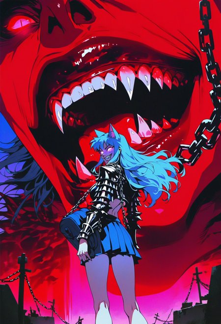 score_9, score_8_up, score_7_up, score_6_up, score_5_up, score_4_up,  
<lora:GothicPunkV7:1>, g0th1cpnk,
1girl, solo, long hair, looking at viewer, smile, skirt, animal ears, standing, blue hair, tail, swimsuit, outdoors, pleated skirt, teeth, cat ears, miniskirt, from behind, bag, grin, armor, blue skirt, shadow, glowing, animal, chain, cat, sharp teeth, slit pupils, glowing eyes, monster, size difference, giant, oversized animal,