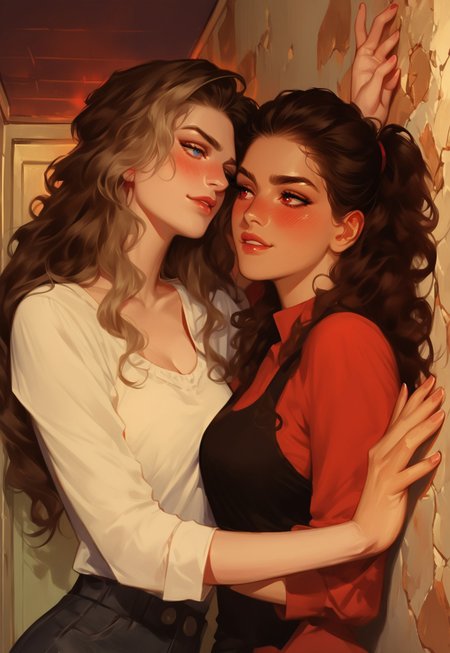 safe_pos, Score_9, score_8_up, score_7_up, score_6_up, score_5_up, score_4_up, 2girls, lesbian, semi-realism, pseudo-realistic, seductive, hetero, beautiful, attractive, breasts, 
Break 
Girl with long hair, (two dyed hair silver and brown), blue eyes, wavy hair, pale skin, 
Break 
Another girl blushing with long hair, dark brown hair, red eyes, slick hair
Break 
Kabedon pose, kabe-don, pressing her against a wall, standing, Slapping the wall, leaning on her, looking at each other, holding her jaw