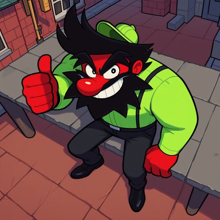 Anton, 2d, human, man, red skin, red body, black pupils, lime green shirt, long sleeves, small lime green hat, black pants, black suspenders, black hair, scruffy long black beard, black eyebrows, big red nose, small legs, broad shoulders, cartoon style

BREAK smile, from above, sitting on edge, outside, outdoors, ontop of building, looking at viewer, thumbs up

BREAK best quality, amazing quality, very aesthetic, absurdres, newest