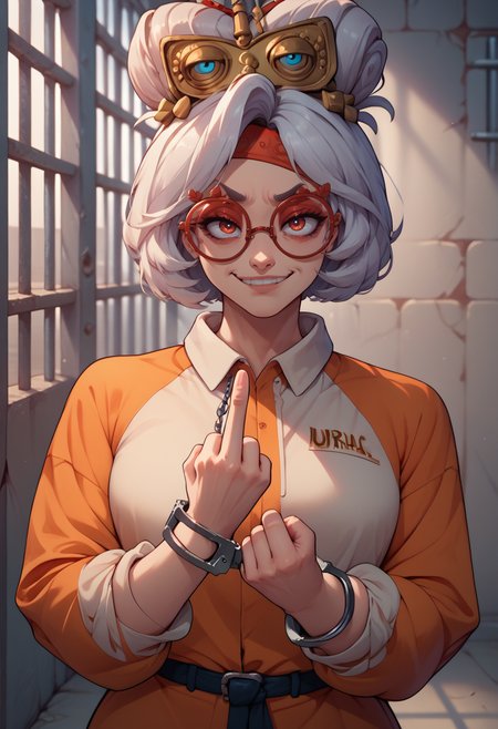 score_9, score_8_up, score_7_up, <lora:HandcuffsV2:1>, handcuffs, cuffs, <lora:purah-pdxl-nvwls-v1:0.9>, purah, hair ornament, red headband, red glasses, prison clothes, prison cell, prison, upper body, smirk,  middle finger,