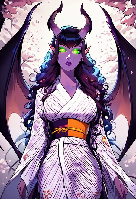 score_9, score_8_up, score_7_up, smooth style, 1girl, beautiful, purple tiefling, large breasts, large demon wings, perfect face, perfect eyes, sexy, beautiful eyes, perfect cute face, cute nose, Nose bridge, masterpiece, best quality, godrays, green pupils, glowing, glowing eyes, extra detailed, high res, long sleeves, orange obi, orange trim, print kimono, red yukata, white trim, wide sleeves, yukata, japanese architecture, cherry blossoms,