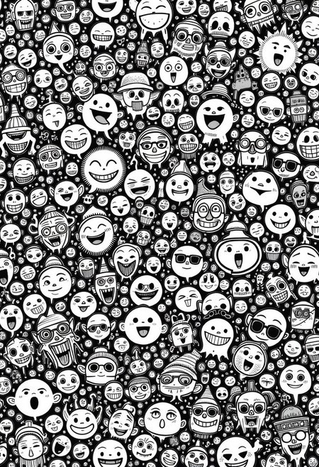 A densely packed, hand-drawn black-and-white doodle artwork featuring playful cartoon characters, abstract shapes, funny faces, and random symbols. Graffiti-inspired drawing style with bold black outlines, chaotic yet harmonious composition. Highly detailed with many overlapping elements.