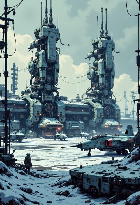 in the style of ck-mgs, A digital artwork in the style of cknc, a_skynet_cyberdyne_craft, the image is featuring two enormous plasma gun turrets with long barrels overlooking a futuristic, highly advanced sci-fi air base, with several military buildings.  Fighter planes and bombers in winter camouflage of grey and white paint are parked on the airfield, winter, snow on the ground, stormy sky, directional weak sunlight, dutch angle