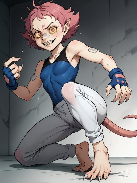 core_9, score_8_up, score_7_up,  high quality, <lora:100_ratrot_pdxl:1> 1girl, solo, ratrot,  sharp nails,hairy, yellow sclera, baring teeth, rr_nose, rr_pointed_ears, bad skin, rr_teeth, rr_tail, rat tail, warty, wild, mean, heavy brow, wrinkled nose, hunched over, messy hair, savage, small eyes, hissing,    <lora:maylene:0.8> 1girl, maylene (pokemon), pink eyes, pink hair, small breasts, short hair, eyelashes, pointy hair, white pants, blue gloves, bandaid on nose, bandaid, bandaid on arm, bodysuit, fingerless gloves, barefoot, spandex, sleeveless