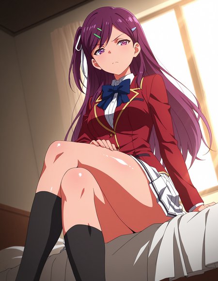 masterpiece,best quality,sitting,bed,crossed legs,arm support,from below,windows,sunlight,shadow,dutch angle,shiny skin,black socks,, <lora:kmr1:1>,
kmr,solo,anime coloring,long hair,purple hair,one side up,light frown,
red jacket,white shirt,blue bowtie,white skirt,pleated skirt,advanced_nurturing_high_school_uniform,