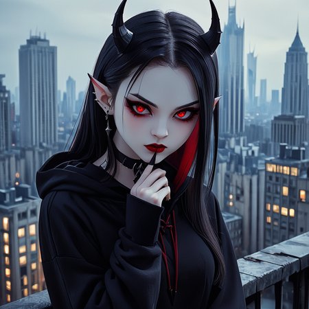 masterpiece,detail,high resolution,smooth lines,shadow detail,
LowKeyLights_v2, 1girl,solo,long hair,looking at viewer,black hair,red eyes,long sleeves,jewelry,closed mouth,upper body,earrings,outdoors,horns,choker,pointy ears,hand up,hood,nail polish,blurry,sleeves past wrists,hoodie,makeup,blurry background,black choker,demon girl,hood down,slit pupils,demon horns,building,pale skin,black nails,city,red lips,cityscape,vampire,black hoodie
 ,<lora:low-key_lights_v2_xl:0.8>,