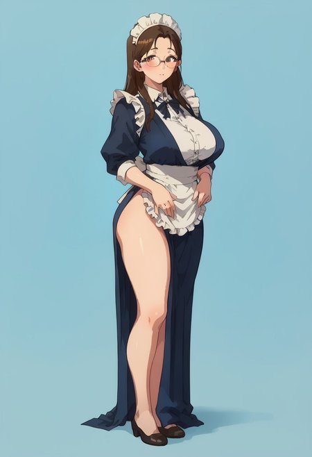 score_9, score_8_up, score_7_up, score_6_up, source_cartoon, 1girl, 
 sexy hips ,solo, TomoeKisaragi,1girl,brown hair,long hair,forehead,brown eyes,eyewear, huge breasts, full body,standing, maid,
