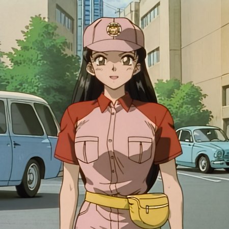 <lora:SakuraOVA_pony_v1:1>SakuraPizza, 1girl, hat, uniform, black hair, retro artstyle, long hair, pants, breast pocket, belt pouch, black eyes, short sleeves, 1980s (style), shirt, breasts, fanny pack, cowboy shot