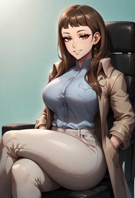 score_9, score_8_up, score_7_up, expressiveh, speedlines, eyebags_ f, expression line, setting: in a lab, perfect face, detailed background,
1girl, ichinosep5s, long hair, brown hair, blunt bangs, coat, shirt, pants, earring, curvy body, big ass, bubble butt, thick thighs, wide hips, slim waist,  tired eyes, eye bags, tired smile
solo female, sitting, crossed legs, hands in coat pocket, on chair, facing viewer, leaning back