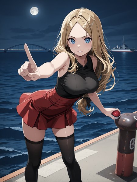 masterpiece,best quality,newest,
1girl,solo,
<lora:solas_ilxl_v1:1>,w_h,bollard,ocean,ships,bridge,moon,night view,
<lora:Fixhands_anime_bdsqlsz_V1:1>,
standing,looking_at_viewer,<lora:t_serena_ilxl_v1.0:1>,t_sere,bronze hair,parted bangs,low-tied long hair,hair bow,blue eyes,s_clothes,black sleeveless shirt,red mini skirt,black_thighhighs,black footwear,holding poke ball,reaching towards viewer,index finger raised,