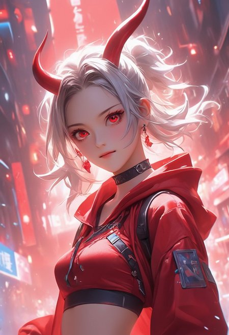WLOP art style, Digital painting style visual effects, real humans, (Korean girl), Temari, looking at the audience, female, ((With straight one pair Oni Horns on On the forehead)), (((solo))), Innocent eyes and smile, ((((pigtails)))) ,white hair, short hair, (fluffy very short spiky pigtails), ((abs)), ((((navel exposed)))), ((abs)), ((((navel exposed)))), black short Hoodie, red long-sleeved top, tight denim hot pants, long legs, clear face, ruby ​​red eyes, holding a gun, gun in hand, looking up, bright eyes, clarity, movie shot, (full body), complex Details, 8k post-production, faithful and colorful movies,