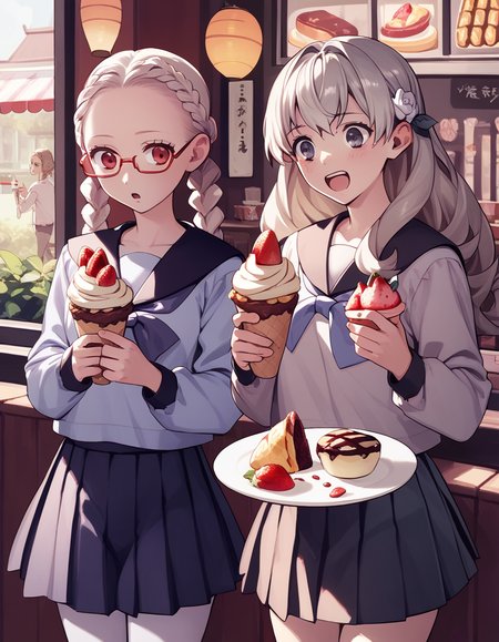 score_9,  score_8_up, score_7_up
<lora:George_Kamitani__Various_Vanillaware_GamesArtists_Art_Style_Blend:0.15> <lora:13sentinels-ponyxl-000040:0.45> 2girls, cafe, excited, crepe, holding food, strawberry BREAK tomi, forehead, twin braids, red-framed eyewear, semi-rimless eyewear, under-rim eyewear, serafuku, pleated skirt, white pantyhose BREAK iorisentinel, serafuku, pleated skirt