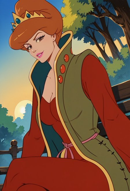 score_9_up, score_8_up, score_7_up, source_cartoon, rating_safe 
JetLagEvilQueen, brown hair, orange hair, lips, lipstick, makeup, brown eyes, breasts, medium breasts, 1girl, crown, short hair, long sleeves,  dress, red dress, cleavage, robe vest, puffy sleeves, solo, 
smug, sitting, crossed legs, outdoors, 1girl, bench, trees, sky, clouds, sun, looking at viewer, day, forest, cowboy shot, upper body focus, (Dutch angle:1.4), thighs