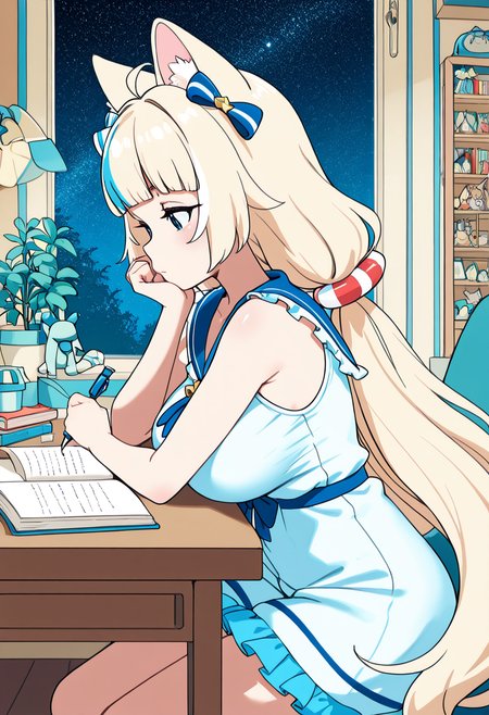 masterpiece, best quality, 1girl, solo, eyelashes, anime screenshot,   aged up, large breasts,   zzSaba, blue eyes, ahoge, animal ears, blonde hair, blue hair, multicolored hair, streaked hair, long hair, low twintails, hair bow,   sleeveless, frilled dress, blue sailor collar, sailor dress, white shorts,   <lora:SamekoSaba_IXL_v1:1.0>, , zzLofi, sitting, side view, desk, chair, book, bookshelf, head rest, holding, holding pen, lamp, night, open book, pen, plant, potted plant, sky, star (sky), starry sky, window, windowsill, writing, <lora:LofiGirl_Style_IXL:0.8>,