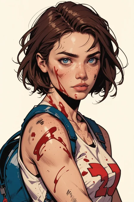 1girl, dirty, solo, blue eyes, brown hair, dirty face, dirty clothes, shirt, backpack, realistic, lips, blood, upper body, shoulder holster, freckles, parted lips, nose, blood on clothes, tank top, short hair, looking at viewer, blood on face, injury, white shirt, torn clothes, sleeveless, <lora:Expressive_H:0.5>, score_9, score_8_up, score_8_up, a_Comic_Illustration, rough lines with ink, (drawn:1.1), (sketch:1.5), (crosshatching:1.25), (comic style:1.1), graphic novel style, sharp lines, hires, zstyle, (western comics \(style\):1.1), (hatching \(texture\):1.2), zPDXL, Mr_Monster_Possitive