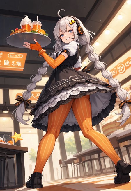 score_9, score_8_up, score_7_up, 
 <lora:KizunaAkari_MMD_Pony_V1:0.95>blue eyes, grey hair,  ahoge, twin braids, braid, very long hair, hair ornament, hair tubes, headphones, headset, 
black dress,  lace-trimmed dress, short sleeves, puffy sleeves, 
orange gloves, striped gloves, elbow gloves, fingerless gloves, bracelet, 
orange pantyhose, striped pantyhose, 
star print, star (symbol), vertical stripes, 
from below,, looking back,, full body,,
A cafeteria, delicious food, Holding food ,
smile,cowboy shot ,huge brests,
smug, smirk, blush,peace sign,