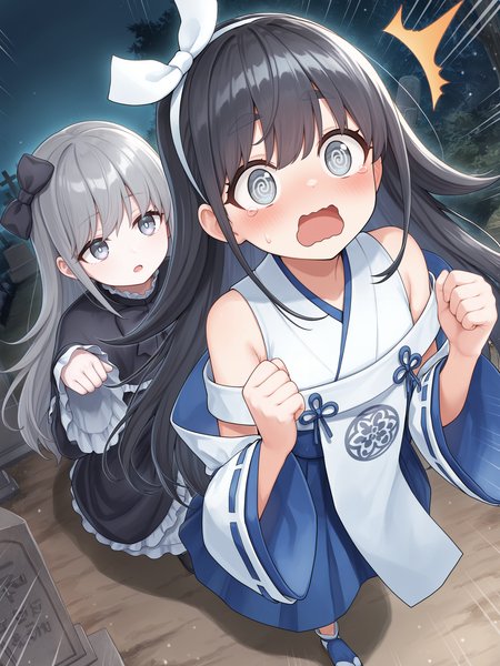 dutch angle,from above,
BREAK 2girls,graveyard,night,darkness,grave,ghost bell,grey eyes,dress,bow,ribbon,hair bow,frills,capelet,frilled dress,ghost pose,open mouth,behind another,sleeves past wrists,
BREAK 2girls,shinonome the vaylantz priestess,@ @,blush,bare shoulders,full body,thick eyebrows,standing,white hairband,white ribbon-trimmed sleeves,white sleeveless kimono,blue hakama skirt,white tabi,blue sandals,two-handed,white breast curtain,running,^^^,emphasis lines,surprised,open mouth,wavy mouth,flying teardrops,clenched hands,
masterpiece,best quality,amazing quality,very aesthetic,absurdres,newest,scenery,extreme detail,8k,light particles,soft lighting,volumetric lighting,intricate details,finely detailed,detailed eyes,<lora:Shinonome the Vaylantz Priestess illusXL v1.1:0.75>,<lora:å±æ·ç«¥ (1):0.7>,