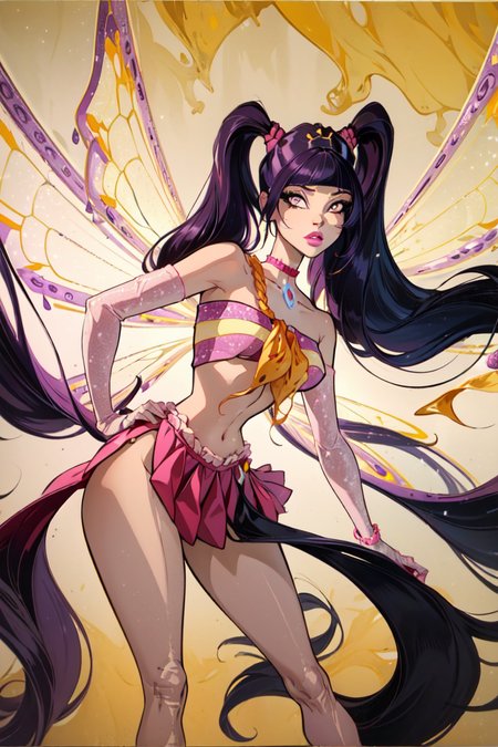 (Musa:1.5), (large fairy wings), purple hair, twintails, (pink and yellow two piece outfit), purple eyes, bangs, (purple and yellow background, music notes floating), (realistic:1.2), (masterpiece:1.2), (full-body-shot:1),(Cowboy-shot:1.2), neon lighting, dark romantic lighting, (highly detailed:1.2),(detailed face:1.2), (gradients), colorful, detailed eyes, (natural lighting:1.2), solo  <lora:WinxClubEnchantixMusa-10:0.9> <lora:add_detail:0.3> <lora:BeautifulEyes:0.6>