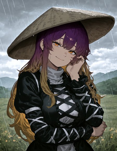 1 girl,, hijiri_byakuren, ajirogasa, brown_hair ,closed_mouth ,cloud, cloudy_sky ,grass ,grey_hat ,hair_between_eyes, hat, long_hair ,looking_at_viewer,orange_eyes ,outdoors ,overcast, rain ,sky ,smile ,solo, upper_body, hand_on_own_cheek ,hand_on_own_face ,head_tilt,
, munakata_(sekimizu_kazuki),dekosukentr ,ireading,kubo_tite_(style) ,remyaruku65, sokura_(mochichitose),
,masterpiece, best quality, newest, absurdres, highres,
, <lora:add-detail-xl:0.5>,  <lora:USNR STYLE_XL_loha:0.6>, <lora:cfg_scale_boost:0.4>,