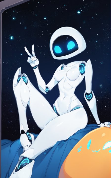 score_9, score_8_up, score_7_up,((best quality)), absurdres, <lora:3d-2d:0.8>, <lora:EVESDXL:0.8>,EVESDXL,robot,breasts,humanoid robot, blue eyes, no mouth, white skin ,screen face,featureless feet,slim,solo,v sign,night, stars, galaxy
