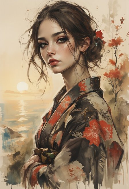A dinkfsn style ink wash painting, OBxiaoxiang, Inkplash art on rice paper, sepia, henna , Silhouette Art, magnificent, inksplash poster art, closeup portrait of Japanese woman in silk kimono, dark eyeshadow, red lips, standing on cliff overlooking the ocean, sunset, directional lighting