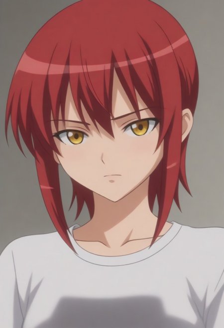 source_anime, anime screencap, source_anime, auratheguillotine, anime screencap, masterpiece, source_anime, shiny skin,,,,,,black t-shirt,1girl, solo, rza, red hair, yellow eyes,