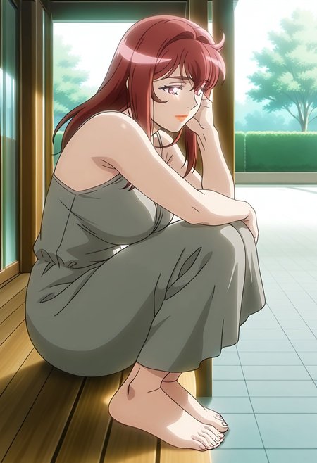 masterpiece, best quality, cinematic lighting, amazing quality, very aesthetic, absurdres, best quality, YUR1N45UZUK4Z3,
1girl, long hair, red hair, red eyes, hair intakes, hair between eyes, red eyebrows, red lips, (anime screenshot:1.1), (soft cel-shading:1.2), (lineart:1.2), (anime proportioned body:1.1), (natural anime shading:1.1), (anime background:1.1),  (solo:1.3), (form-fitting dress:1.5), (gray dress:1.4), (long dress:1.3), (sleeveless:1.3), (barefoot:1.5), (feet visible:1.4), (toes visible:1.4), (floor-length dress:1.3), (garden patio:1.4), (stone tiles:1.3), (sunlight filtering:1.3), (soft breeze:1.2), (relaxed posture:1.3), (quiet atmosphere:1.3), a woman steps slowly across a sunlit garden patio, the hem of her gray dress sweeping gently over the warm stone tiles, her bare feet pressing softly into the textured surface as she walks, toes spreading slightly with each shift in balance, a breeze moves the fabric around her legs while sunlight filters through nearby vines, casting soft patterns on the ground and filling the space with a quiet, graceful energy, barefoot outdoor calm, garden warmth and elegance, soft natural light,detailed background, source_anime, BREAK (cinematic shot), (dynamic angle), (official anime artwork), T5UM4N3T0R1