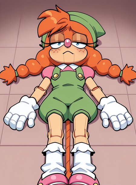 1girl, solo, furry,
<lora:Belle:0.9> belle the tinkerer, green headwear, puffy short sleeves, pink shirt, green overalls, collared shirt, white gloves, mary janes, pink footwear, white socks, frilled socks, overall shorts,
lying, face turned away, drooping posture, sad expression, subdued light,  <lora:quaverdrawsv3-15:1> qvr, extremely detailed, highres, masterpiece, best quality