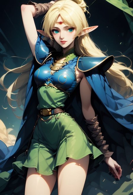score_9, score_8_up, score_7_up, semi realistic, vibrant colors, background city parade, fantasy setting, deedlit, circlet,  slender, adult, medium breasts, shoulder armor, breastplate, green tunic, blue cape, gold choker, arm_wraps, belt, brown footwear, boots,  dancing playfully, full body view, narrow waist, thigh gap, mature face, dancing in the streets