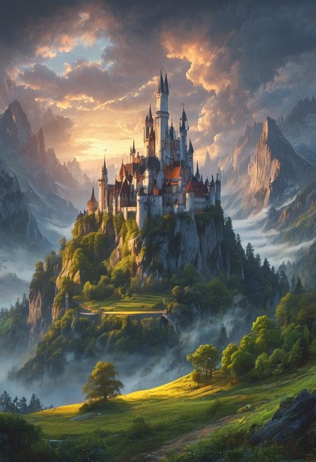 A captivating night scene illustration featuring a beautiful castle on a great and luxurious castle great mountain. The castle and mountain are much like Neuschwanstein Castle in Bavaria.  This enchanting artwork captures a serene and peaceful early morning, where the sun is just starting to rise over the beautiful tree covered mountain range and castle which   stands resolute amidst the great mountains, creating a cinematic experience., illustration, cinematic
<lora:DonM3t3rn1tyXL-v1.1:0.7>, DonM3t3rn1tyXL,
OverallDetailXL  <lora:MJ52:0.3>  <lora:SDXLFaeTastic2400:0.4>  <lora:EpicF4nta5yXL:0.7>