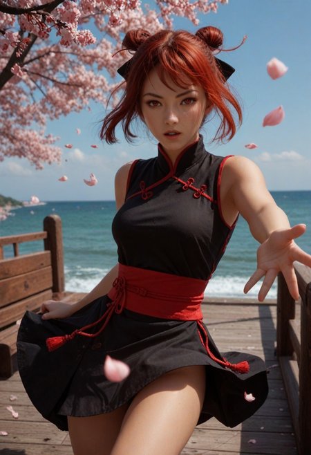 score_9_up, score_8_up, score_7_up, score_6_up, 1girl, 25 years old, perfect face, (adult:1.2), sexy,
red eyes, 
red hair, short hair, messy hair, hair bow, black bow, hair rings, 
black dress,  kung fu dress, 
reaching towards viewer, looking at viewer, parted lips, 
cowboy shot, dynamic pose, dynamic angle, 
day, blue sky, cherry blossoms, falling petals, outdoors, spring (season), wind, ((wind lift)), upskirt, 
pier, ocean, 