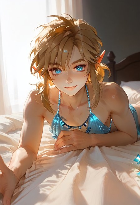 score_9, score_8_up, score_7_up, 1boy, link, link1, twink, feminine, cute, petite, slim, good perspective, foreshortening, beautiful blue sparkly eyes, eyes focus, (skimpy outfit, seductive smile:1.3), skinny, slender, (cute, petite, round face), link1, hard lights, laying cheek down on bed, hands down on bed, hard shadows, shiny skin, Expressiveh, (laying on stomach kicking both feet up:1.1), side view