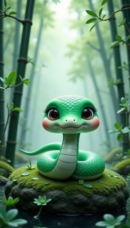 pinkchibisnakeyear,
A jade-green snake lying on a mossy rock, surrounded by mist and towering bamboo stalks, mystical and serene forest atmosphere.