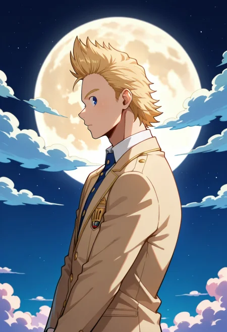 masterpiece, best quality, , , looking at viewer, 1boy, solo, male focus, <lora:mirio_toogata_ilxl:0.98>, mirio_toogata, blonde hair, blue eyes, short hair, spiked hair, , profile, heaven, clouds, night, full moon, v arms, distracted, aloof, oblivious, blazer,