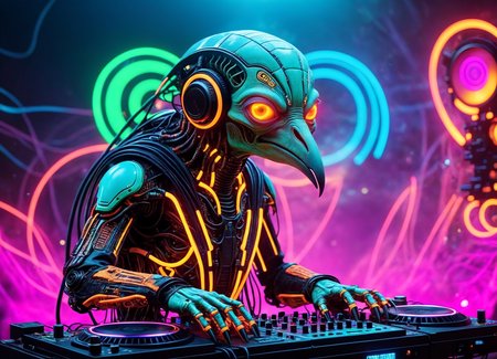 Ombre color scheme of neon orange, neon pink, neon blue, neon yellow, neon green, biomechanical cyberpunk psychedelic style cute weird (alien|penguin) creature DJing (at a rave:1.1)  (giant speakers:1.2) (crowd distant background:1.15) (bokeh volumetric lighting, fog:1.1)  <lora:fx-monsters:0.35> fx-monsters  <lora:add-detail-xl:1> <lora:sss:0.8> <lora:xl_more_art-full_v1:0.35> <lora:The_Dark_Side_Of_The_Future:0.25>  <lora:vibracol:0.5> vibracol, subsurface scattering, Photorealistic, Hyperrealistic, analog style, realistic, film photography, soft lighting, heavy shadow . vibrant colors, swirling patterns, abstract forms, surreal, trippy . cybernetics, human-machine fusion, dystopian, organic meets artificial, dark, intricate, highly detailed