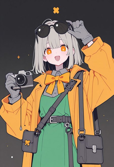 eyewear on head, gloves, 1girl, sfw, solo, hand up, yellow coat, camera for a head, yellow coat, belt, smile, white shirt, original character, bag, holding, looking at viewer, shirt, handbag with film spilling out of it, yellow bow, bow, open mouth, green dress, dress, yellow bowtie, grey gloves, grey shirt, bowtie, yellow bowtie, standing, bowtie on shirt