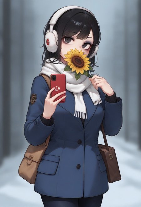 Egirl, score_9, score_8_up, best quality,heavy life like texture and proportion,thick outline illustration,1girl, bag, bag charm, black coat, black eyes, black hair, blue coat, bouquet, brown bag, cellphone, charm \(object\), coat, covered mouth, earmuffs, flower, headphones, holding, holding bouquet, holding phone, looking at viewer, phone, rose, scarf, selfie, smartphone, solo, stuffed toy, sunflower, white scarf, winter clothes, winter coat, yellow flower 
red duotone, makeup, dynamic pose model shooting
hero, contrast