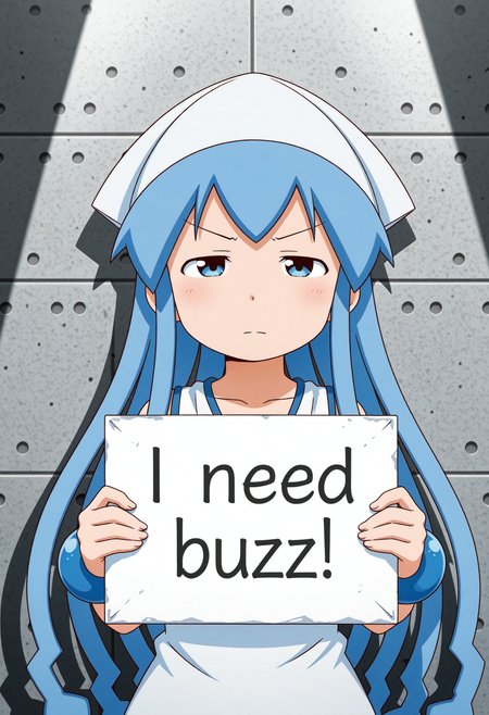 <lora:NeedBuzz_sign_Illustrious:0.8> need_buzz, holding sign, 
1girl, ikamusume, <lora:ikmsm_illustrious_v3:1> ikmsm, 
expressionless, (narrowed eyes:1.2), v-shaped eyebrows, 
standing, upper body,
Iron wall, shadow, spotlight,
general, masterpiece, best quality, very aesthetic, absurdres, anime coloring, <lora:dmd2_sdxl_4step:1>,